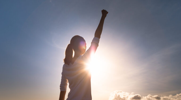 Strong,Woman,With,Fist,Up,To,The,Sky.,People,,Mental
